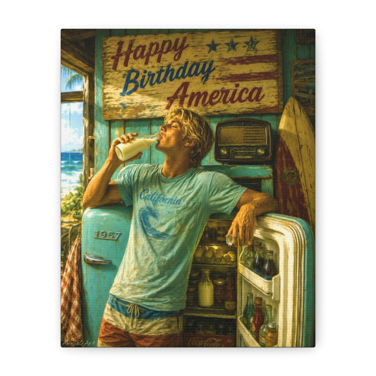 Happy Birthday America Canvas Wall Art — Retro Beach Guy Patriotic Home Decor