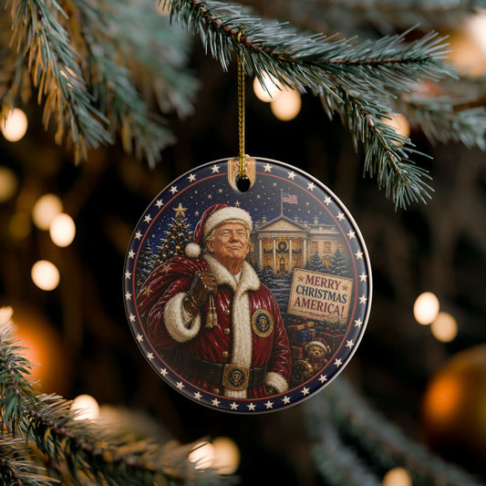 Patriotic Trump Santa Ceramic Ornament — "Merry Christmas America!" Holiday Decoration