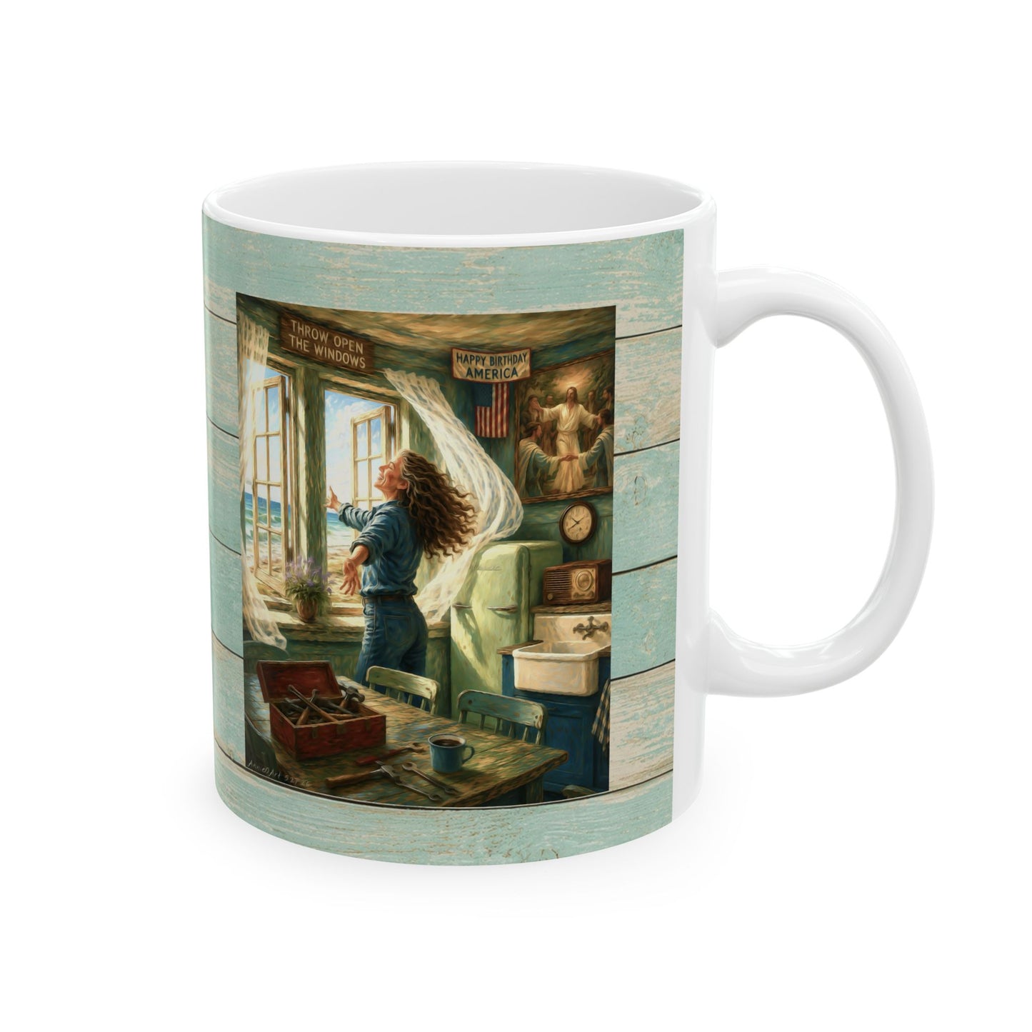 Coastal Vintage Beach Cottage Ceramic Mug — Seaside Window & Shells Design (11oz/15oz)