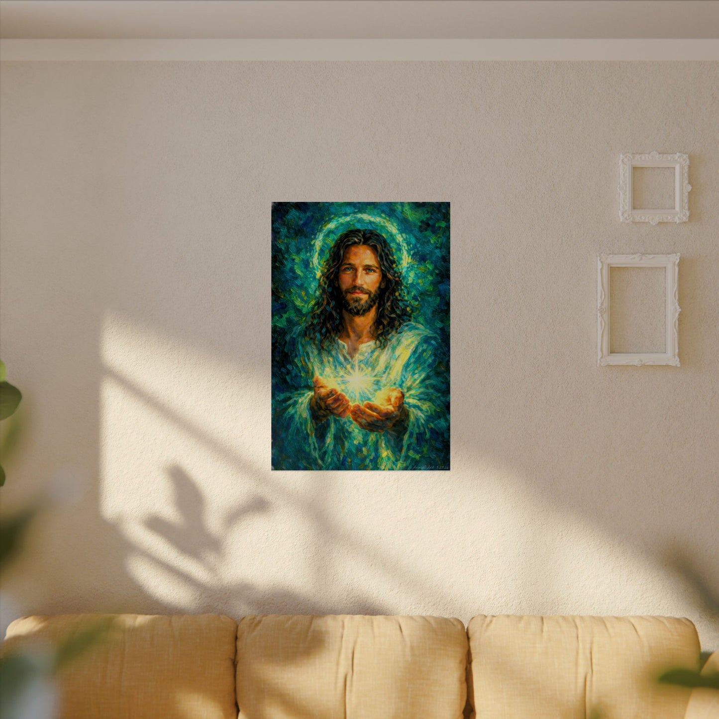 Jesus Holding Light —Oil Poster — Textured Matte Spiritual Wall Art