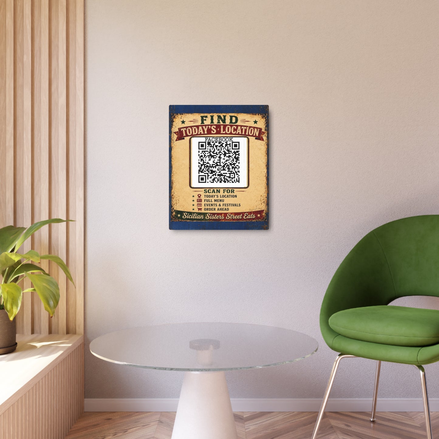 CUSTOM 16x20 for MANDY-Metal Art Sign • Vintage QR Code Menu Poster — Find Today's Location, Scan for Full Menu & Events
