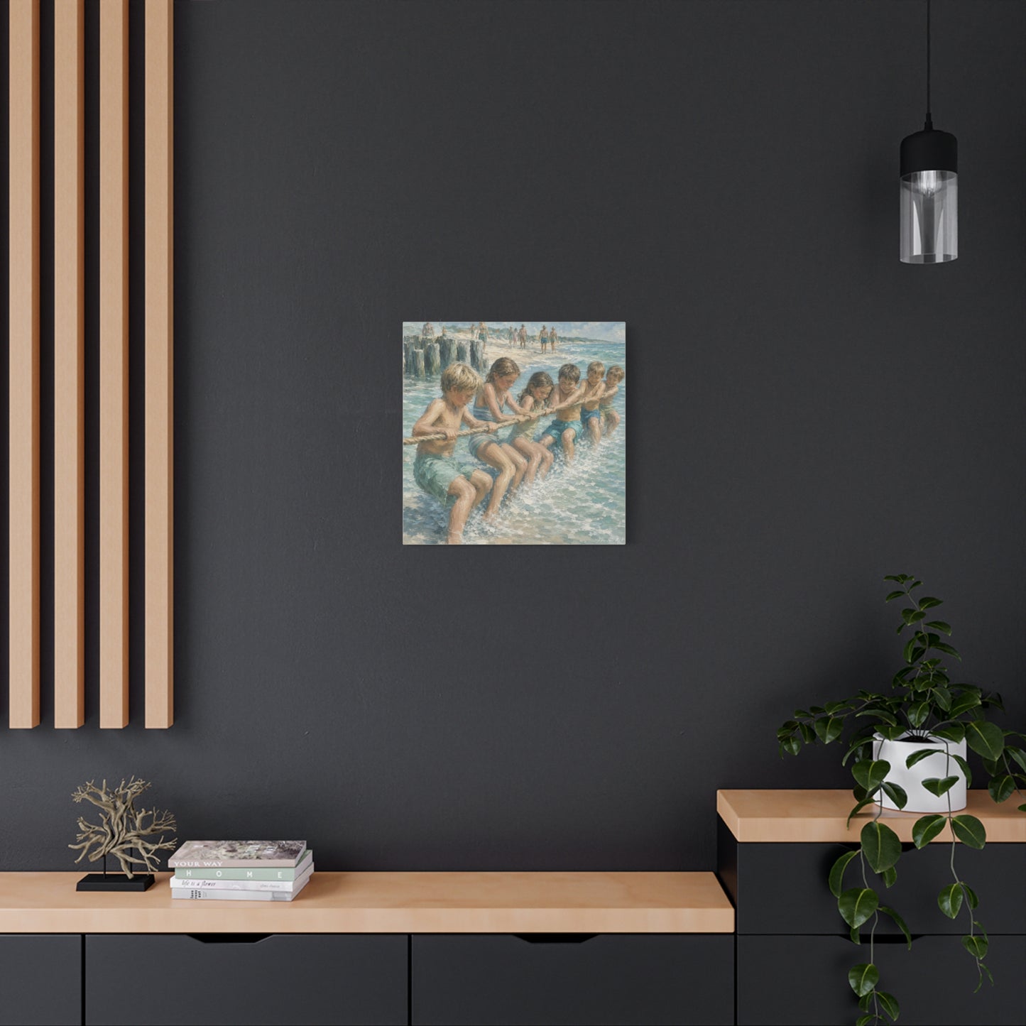Beach Tug-of-War Matte Canvas Print — Vintage Seaside Children Wall Art