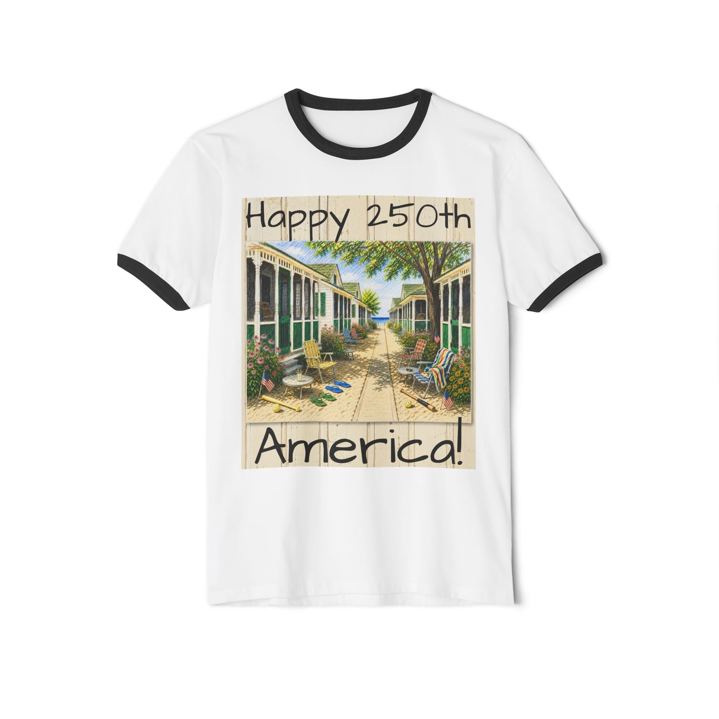 Happy 250th America Ringer T‑Shirt — Honeysuckle Lodge Vintage Beach Graphic