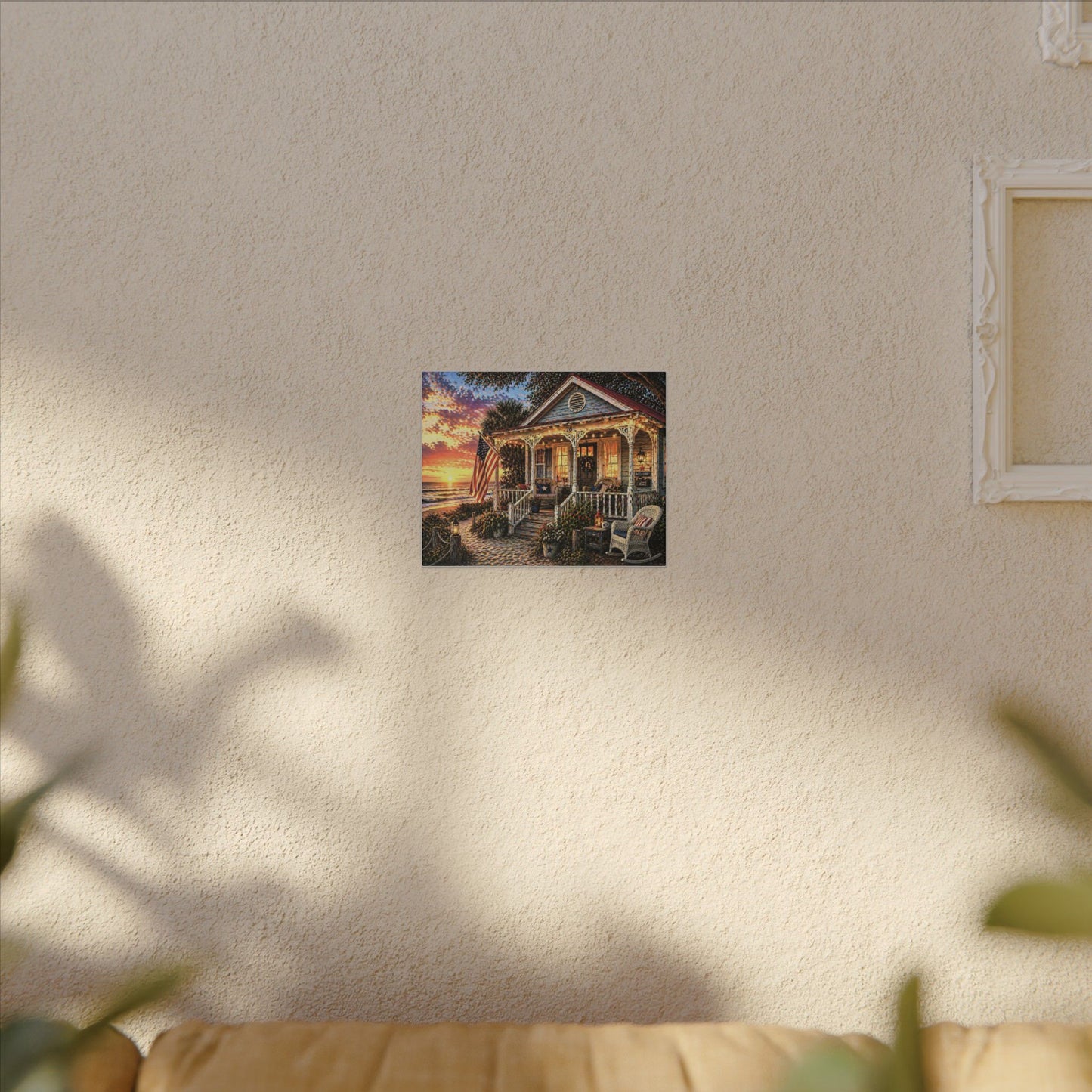Front Porch America—Patriotic Beach Cottage Canvas Wall Art — Sunset Porch Scene