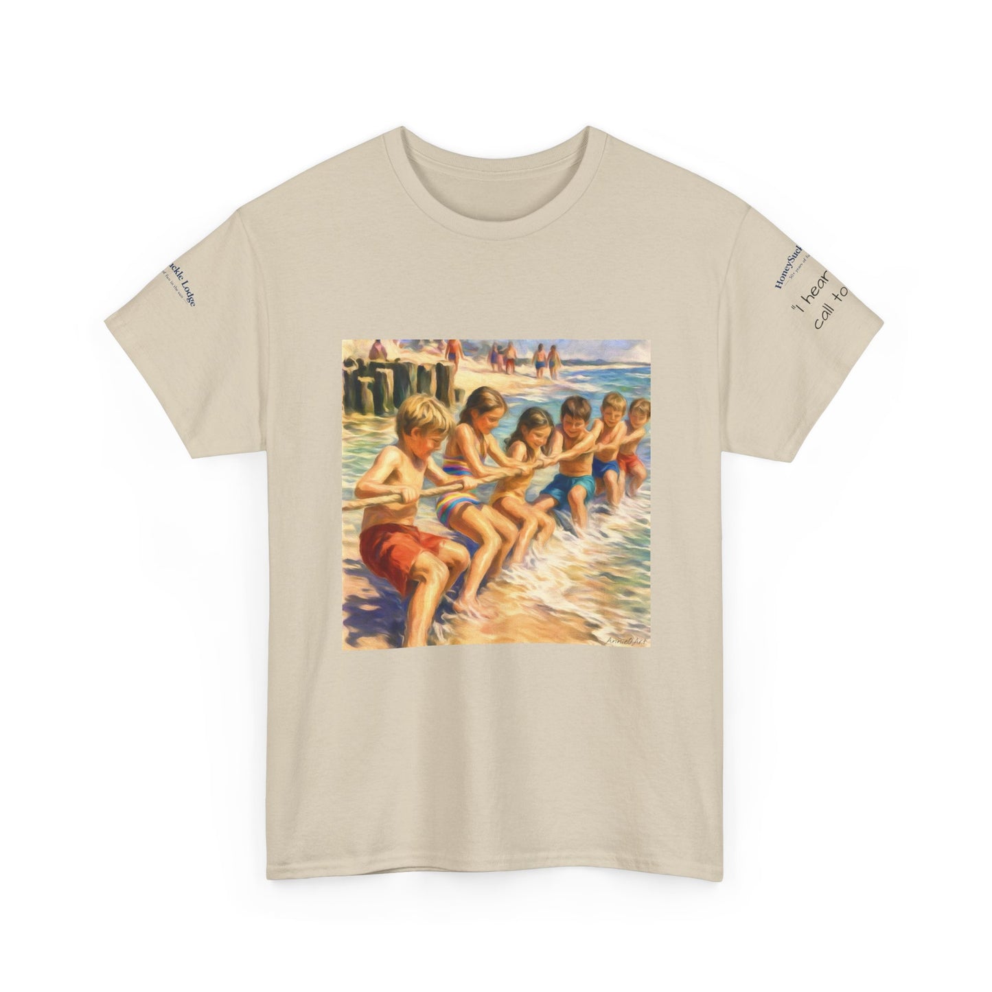 HoneySuckle Lodge Vintage Beach T-Shirt — "50+ years of fun in the sun" Retro Kids on Shore Design