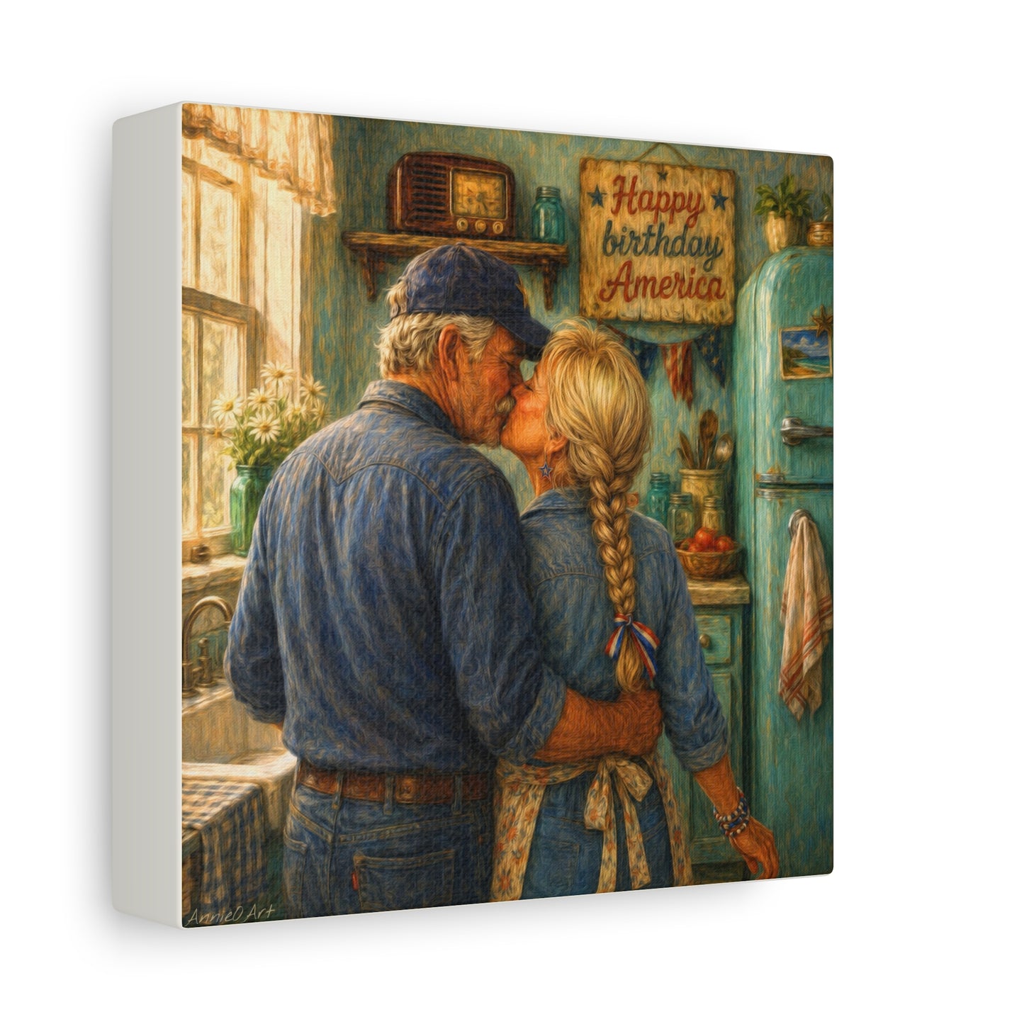 Patriotic Country Kitchen Canvas - "Happy Birthday America" Rustic Couple Wall Art