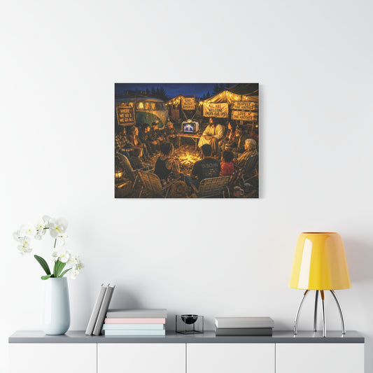 God Bless America—Campfire Fellowship Canvas Wall Art — 'All Are Welcome' Rustic Gathering Scene—MAGA—WWG1WGA