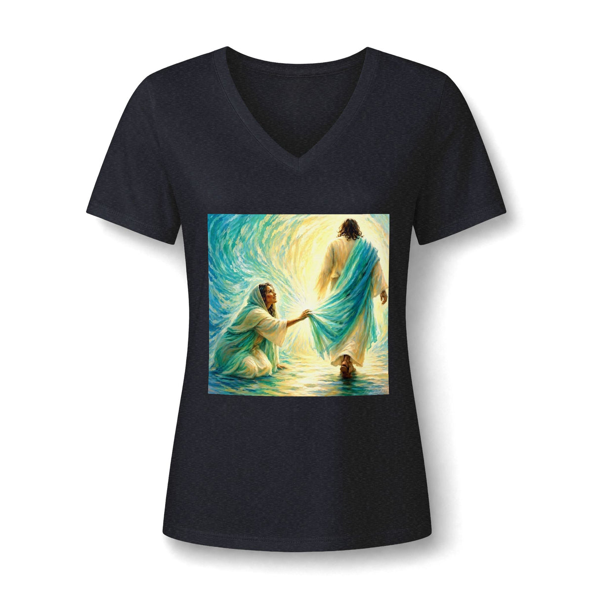 Women's V-Neck Tee — 'He Lifts Us' Christian Inspirational Graphic Shirt