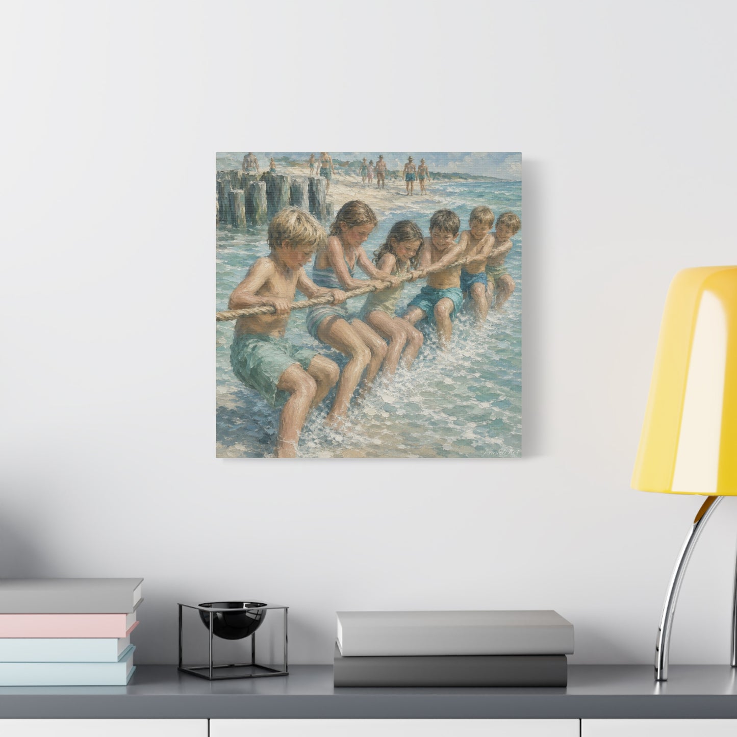 Beach Tug-of-War Matte Canvas Print — Vintage Seaside Children Wall Art