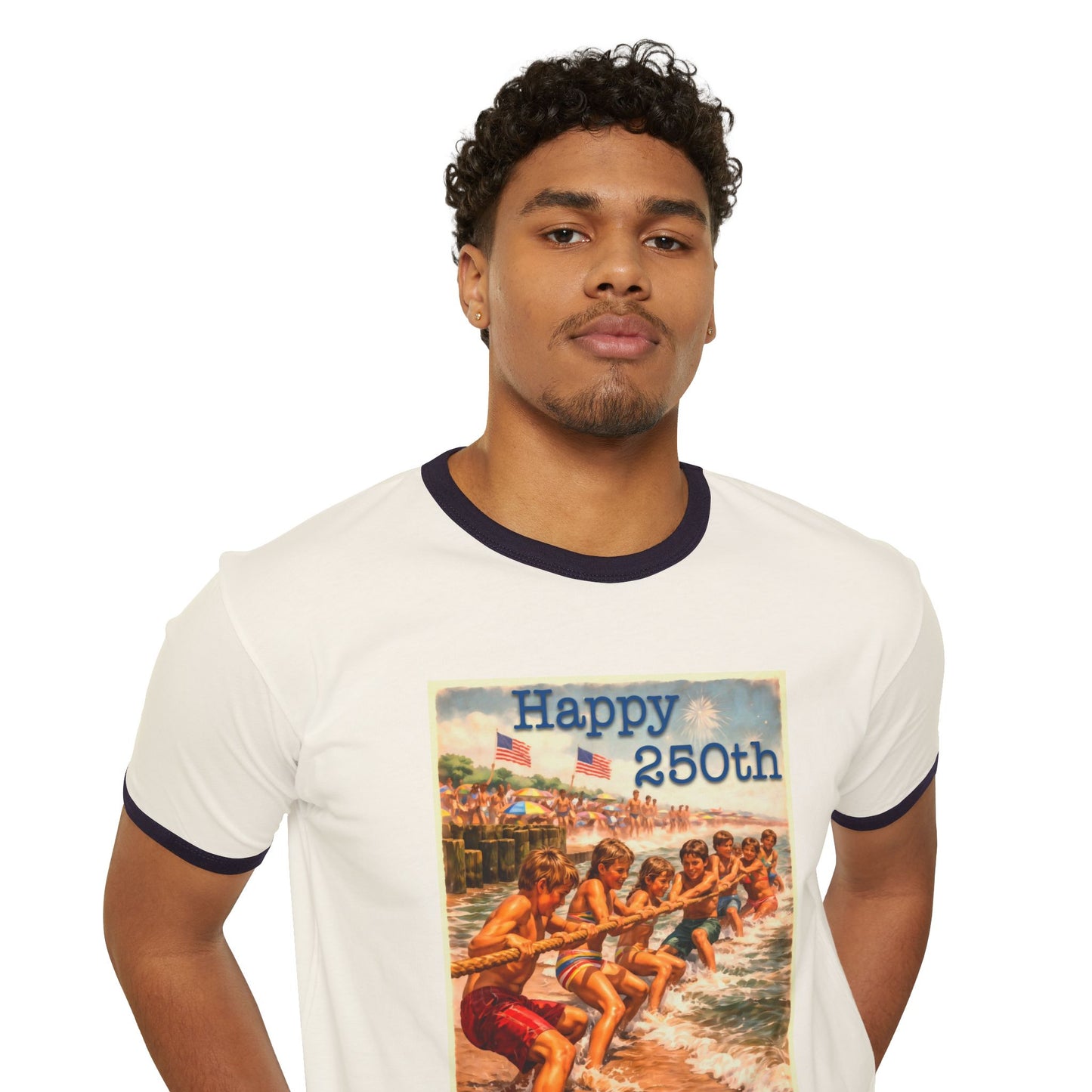 250th Ringer T-Shirt — Vintage Beach ‘Happy 250th America!’ Patriotic Swim Team Graphic