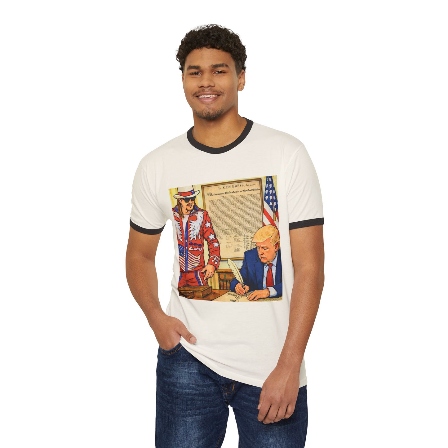 250th Independence Ringer T-Shirt — Patriotic Illustration of Trump Signing with Kid Rock