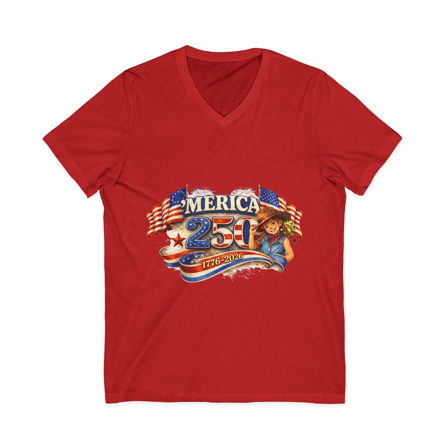 250th America Patriotic V-Neck Tee — 1776–2026 Anniversary Flag Design