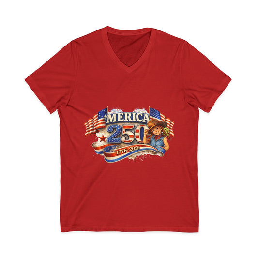 250th America Patriotic V-Neck Tee — 1776–2026 Anniversary Flag Design