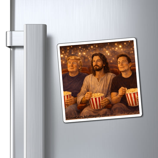 Jesus, Trump & Elon Popcorn Movie Night Fridge Magnet