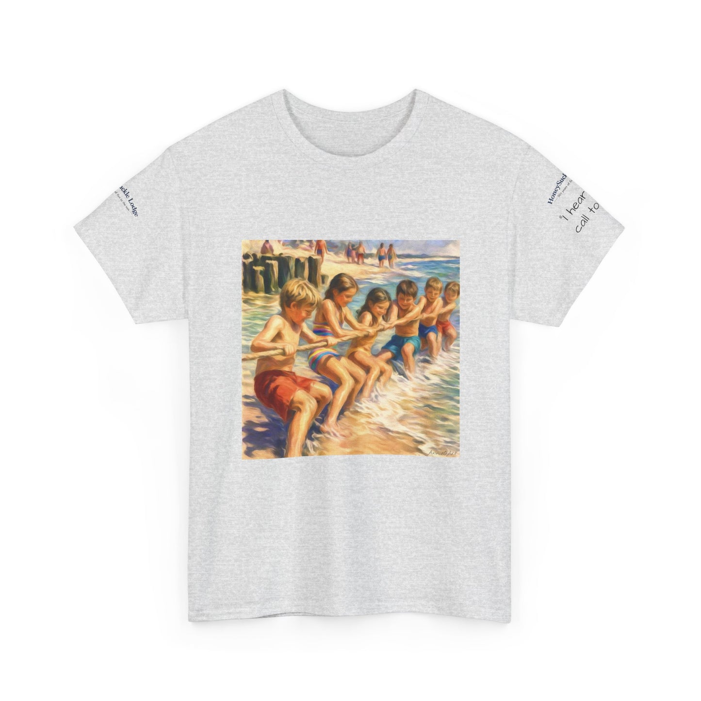 HoneySuckle Lodge Vintage Beach T-Shirt — "50+ years of fun in the sun" Retro Kids on Shore Design