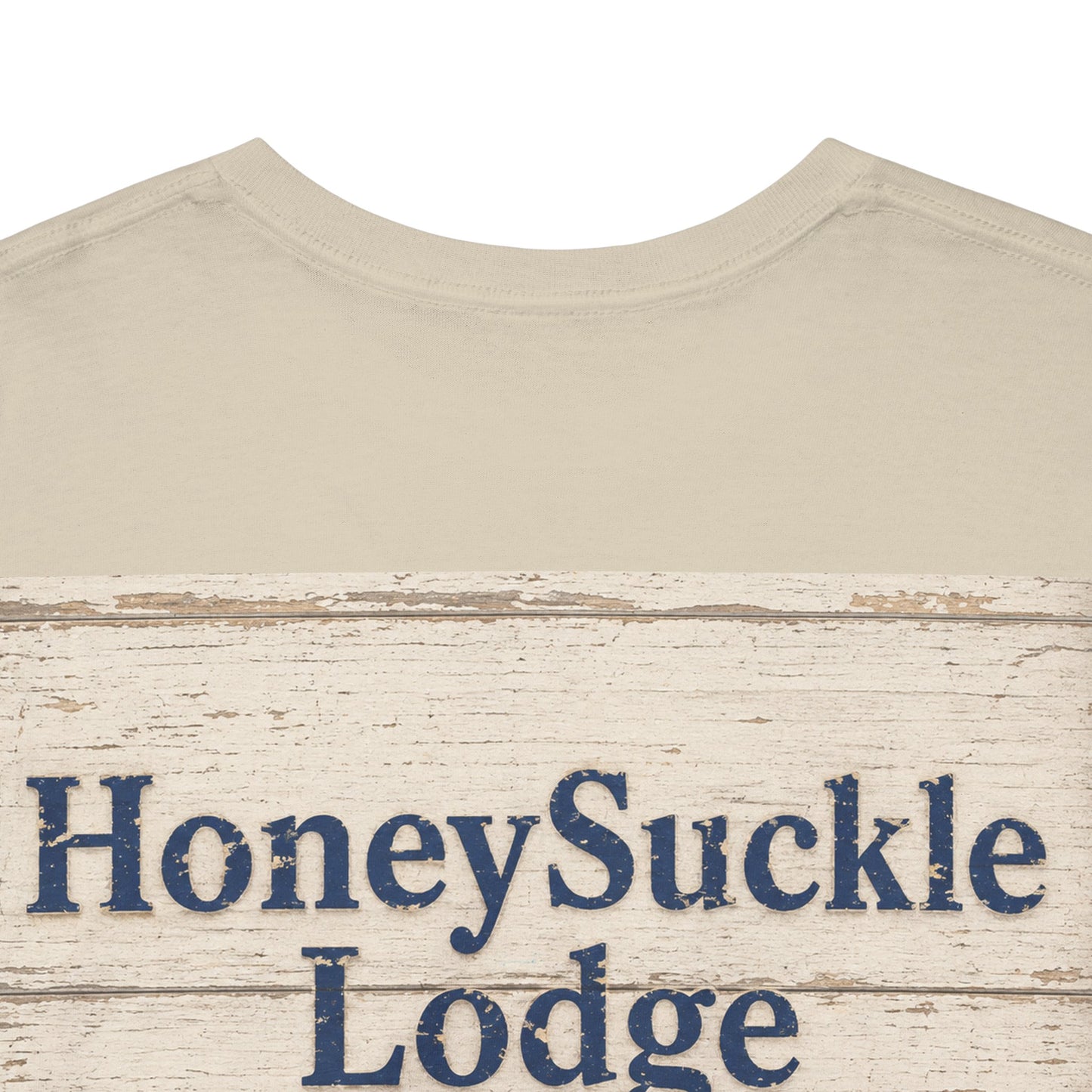 Honeysuckle Lodge Vintage Beach Print tee shirt front/back ("Honeysuckle Lodge - 50+ years of fun in the sun")