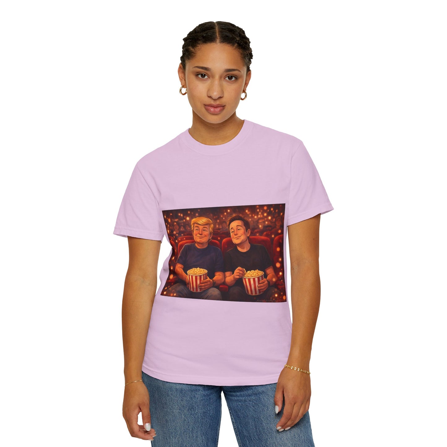 Trump & Elon—Movie Night Popcorn Tee — Cozy Cinematic Graphic T-Shirt