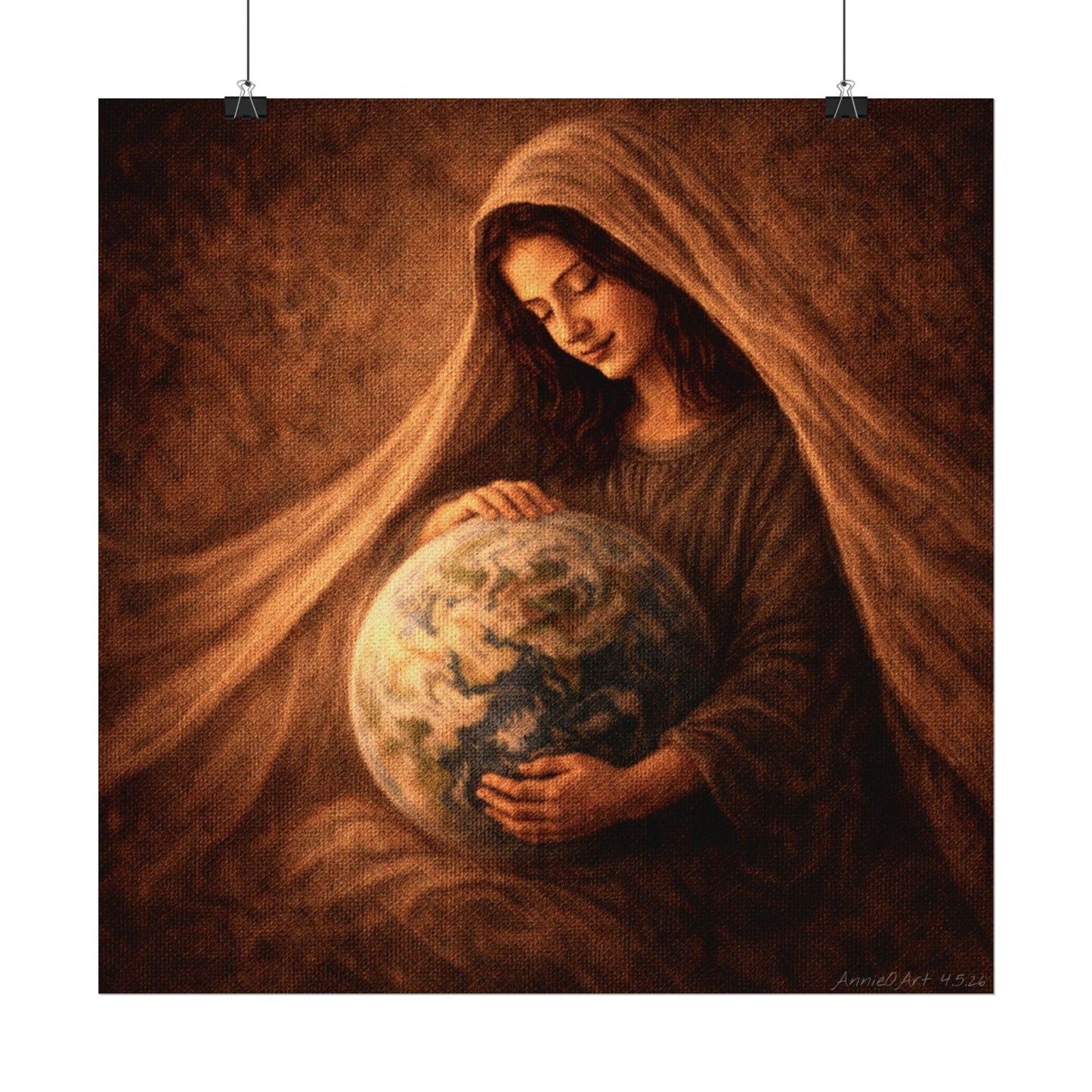 Mary, Jesus’ Mother,  Cradling & Praying for the Earth & Her People,  Textured Matte Art Print Poster