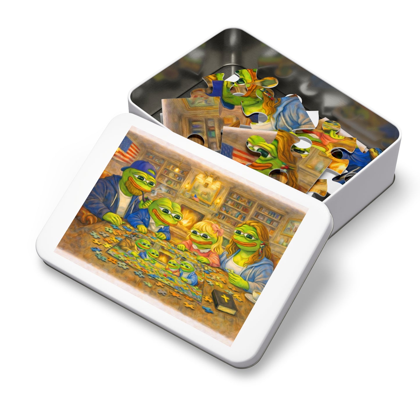 Family Game Night Jigsaw Puzzle with Tin — Cozy Cabin Pepe Frog Scene