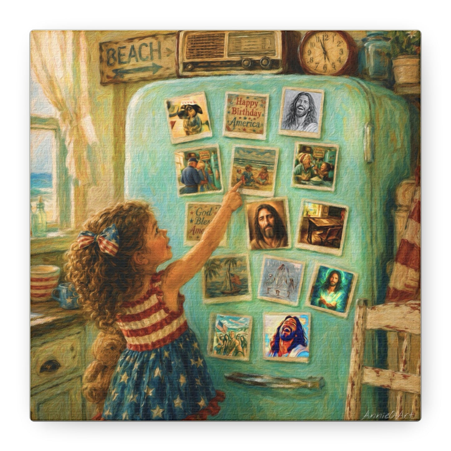 Americana Canvas Wall Art — Little Girl Pointing at Magnets on Vintage Fridge (Matte Stretched)