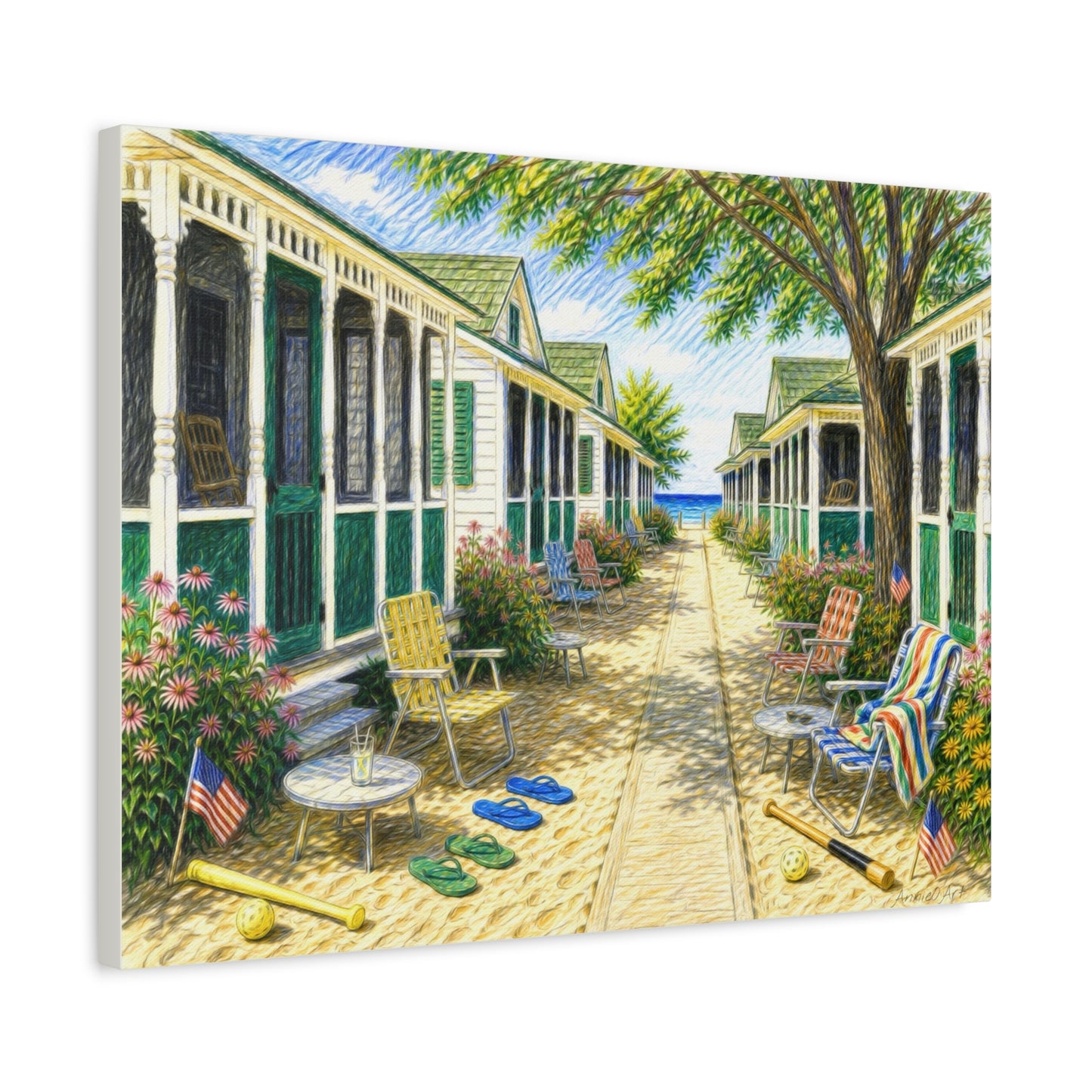 Beach Bungalow Path Americana Matte Canvas Wall Art — 1970’s Summer Seaside Bungalow Print