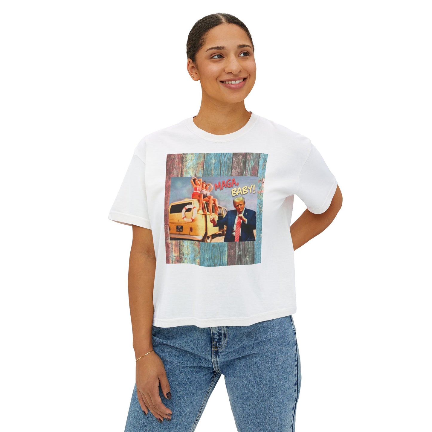 Beach scene w DJT dancing Retro VW van “MAGA, baby!” —Graphic Boxy Tee — Vintage Roadtrip/Rally tee Women's Shirt