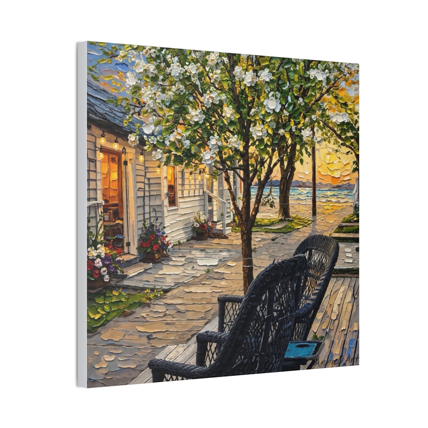 Bungalow Porch Canvas Wall Art — Sunny Cottage Sunset Stretched Canvas