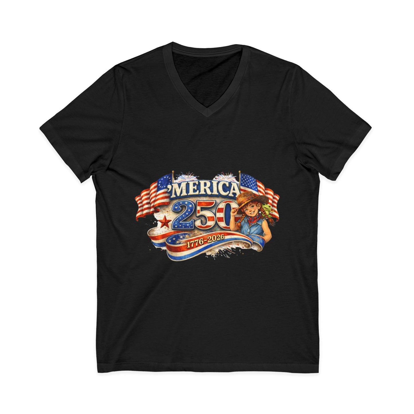250th America Patriotic V-Neck Tee — 1776–2026 Anniversary Flag Design