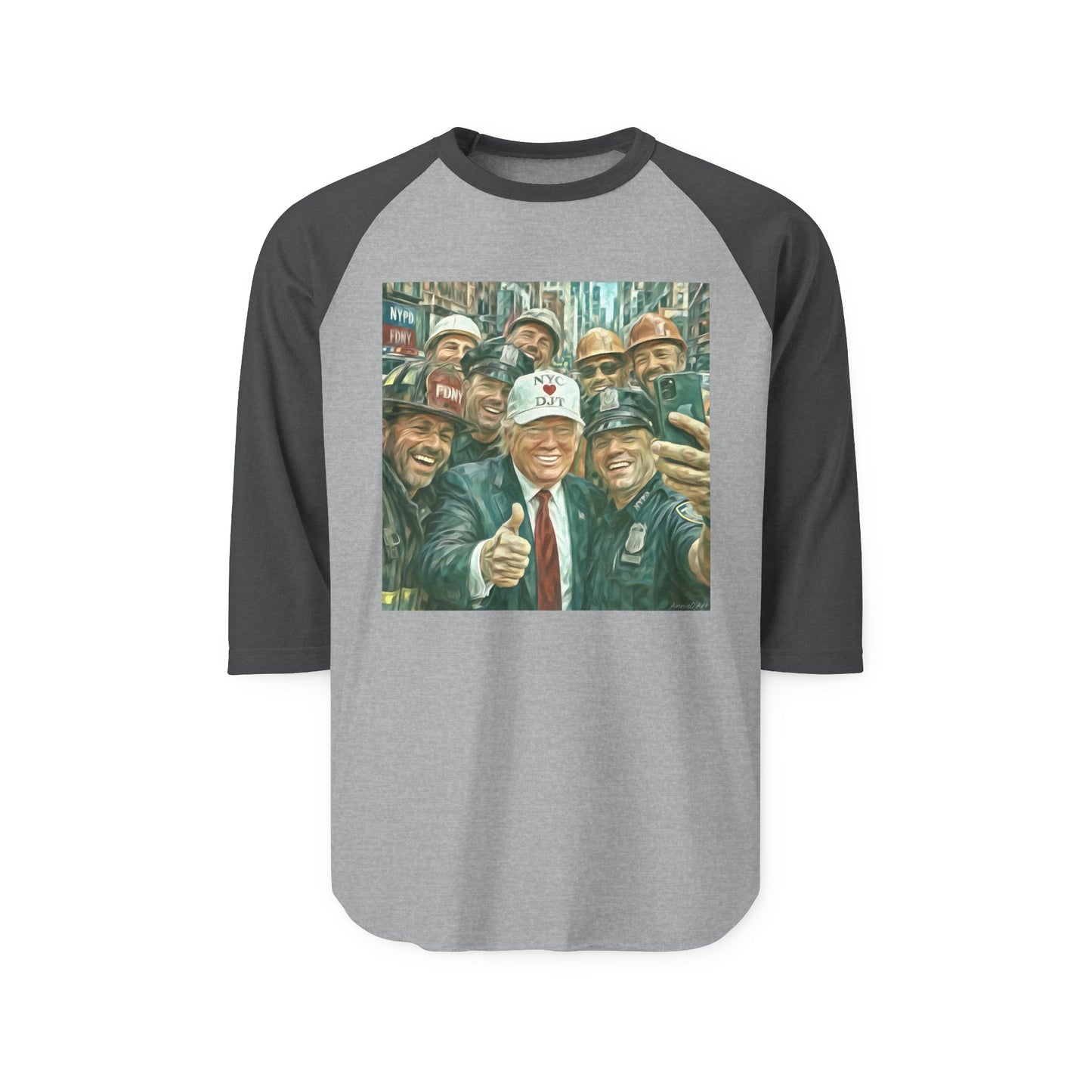 Trump “NYC❤️DJT” Raglan Shirt with Vintage Blue-Collar Selfie Graphic