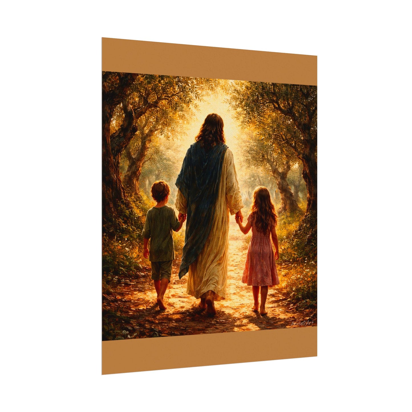 Jesus Walking with Children Watercolor Poster — Textured Matte Wall Art
