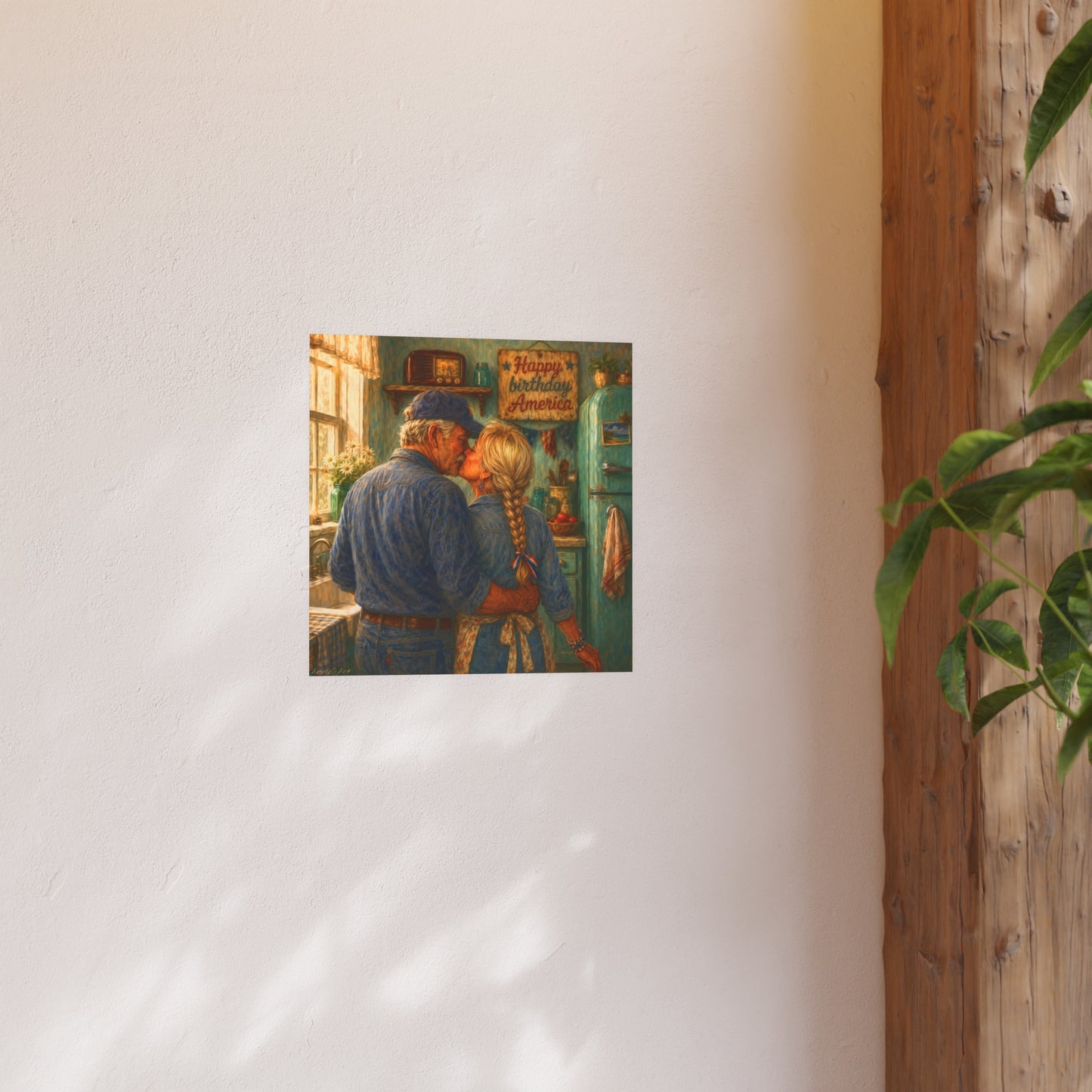 Romantic Country Kitchen Poster — Vintage Couple Kissing Satin/Matte Art Print