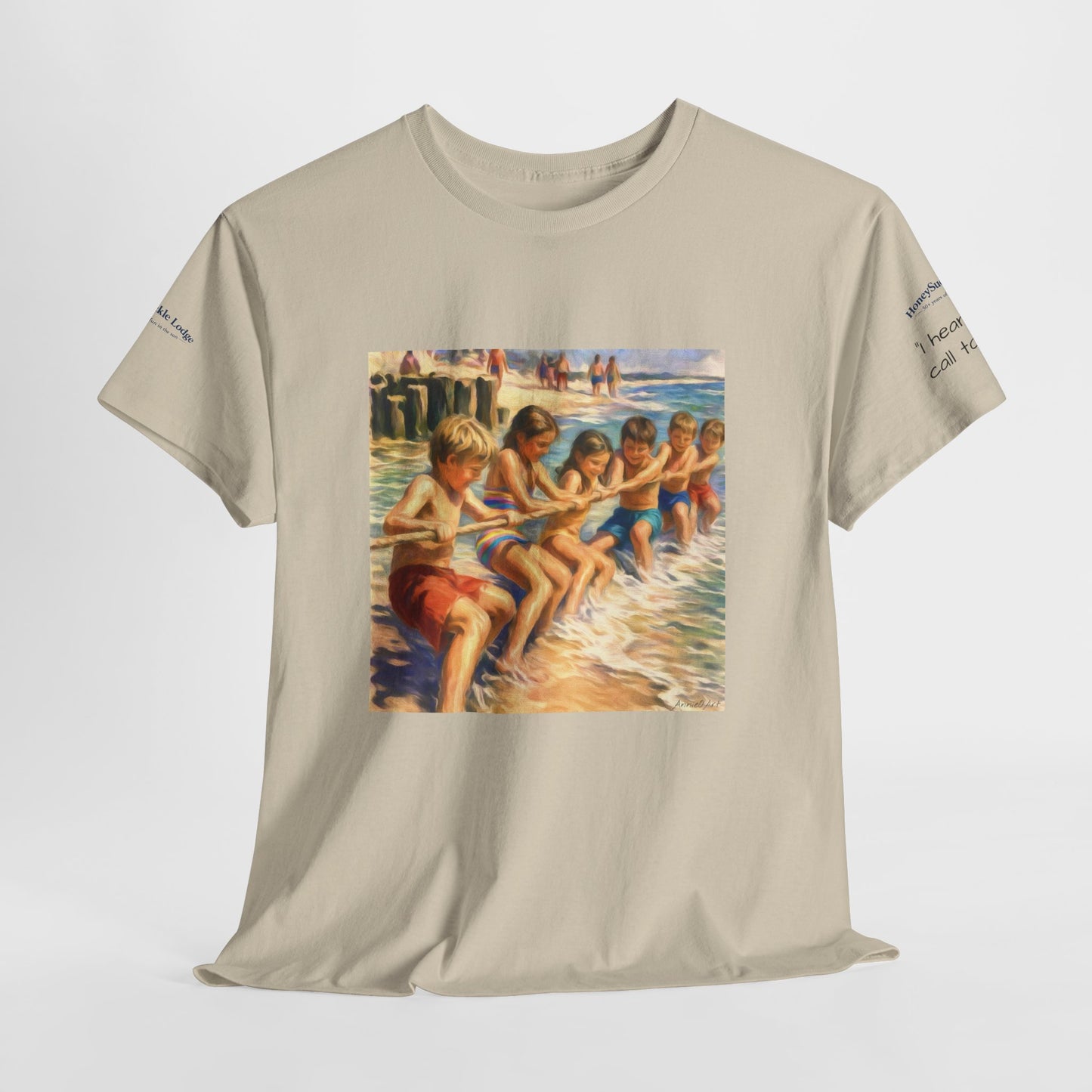 HoneySuckle Lodge Vintage Beach T-Shirt — "50+ years of fun in the sun" Retro Kids on Shore Design