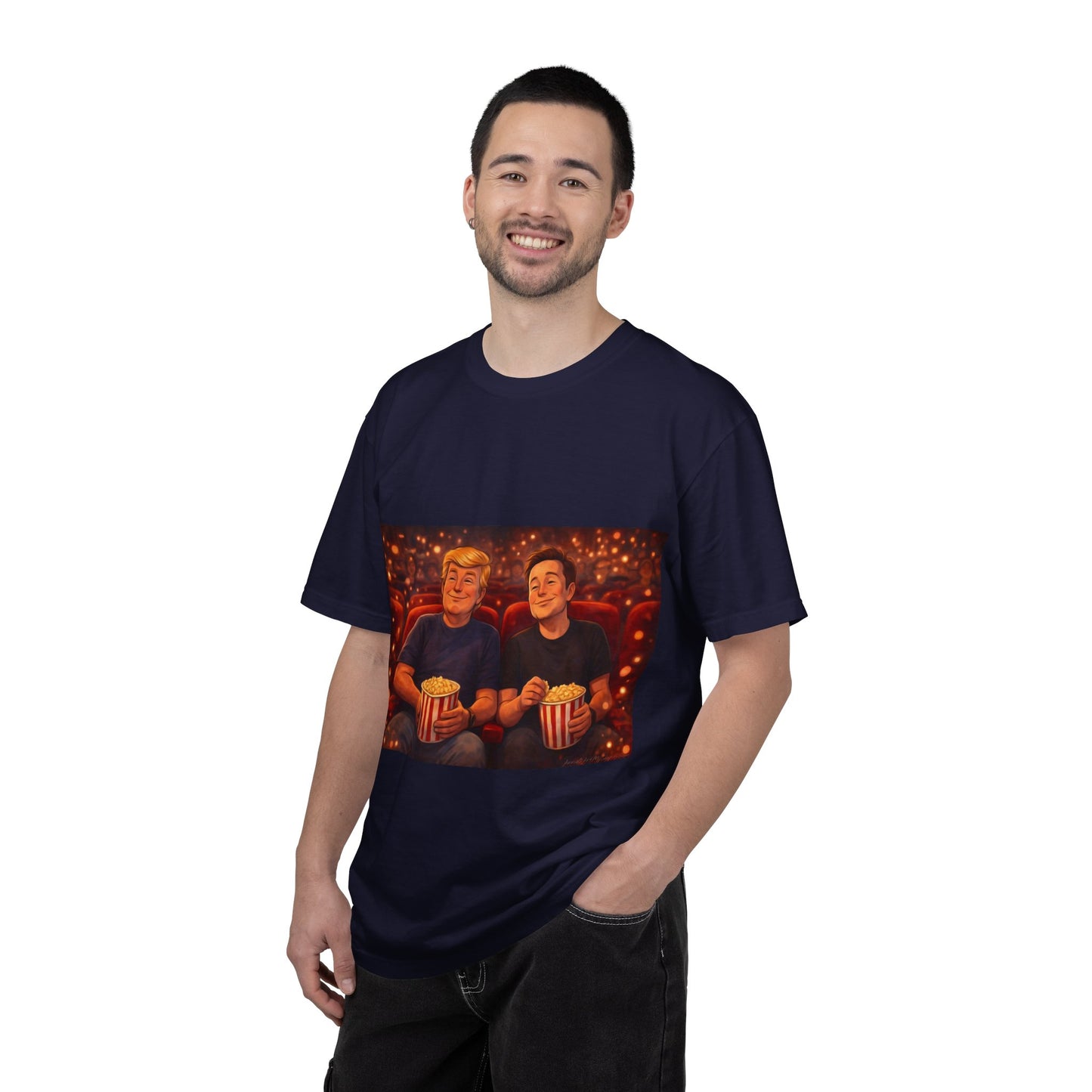 Trump & Elon—Movie Night Popcorn Tee — Cozy Cinematic Graphic T-Shirt