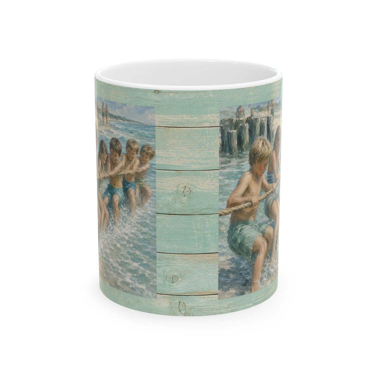 Beach Vintage-style Ceramic Mug – Tug-of-War by the Sea (11oz, 15oz)