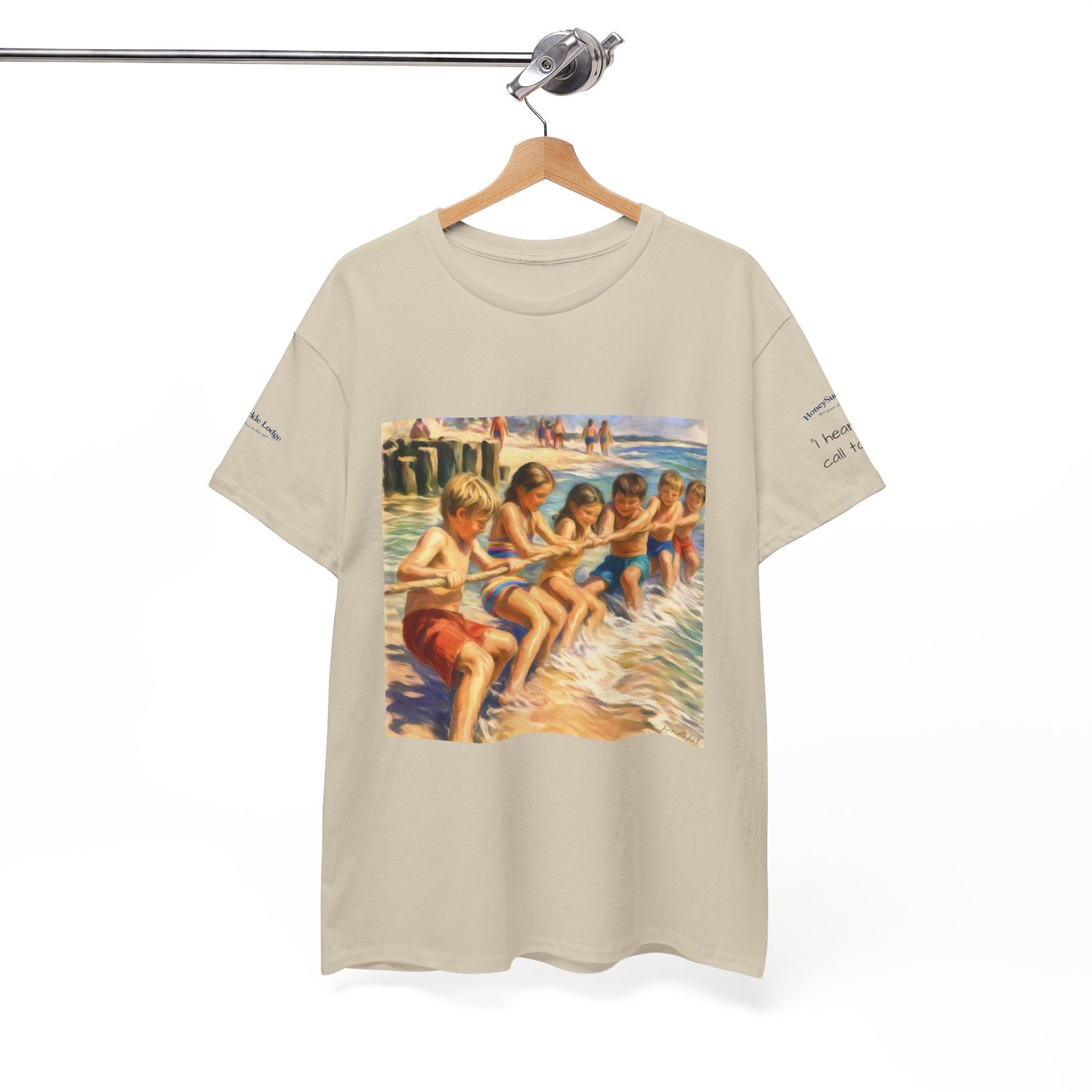 HoneySuckle Lodge Vintage Beach T-Shirt — "50+ years of fun in the sun" Retro Kids on Shore Design