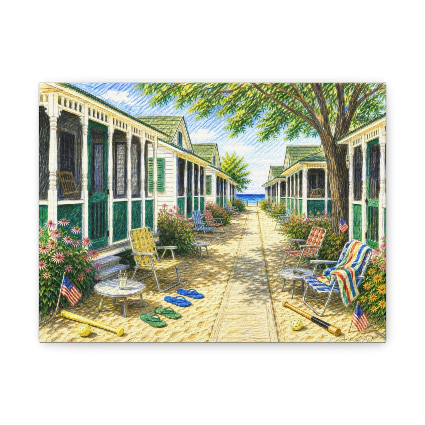 Beach Bungalow Path Americana Matte Canvas Wall Art — 1970’s Summer Seaside Bungalow Print