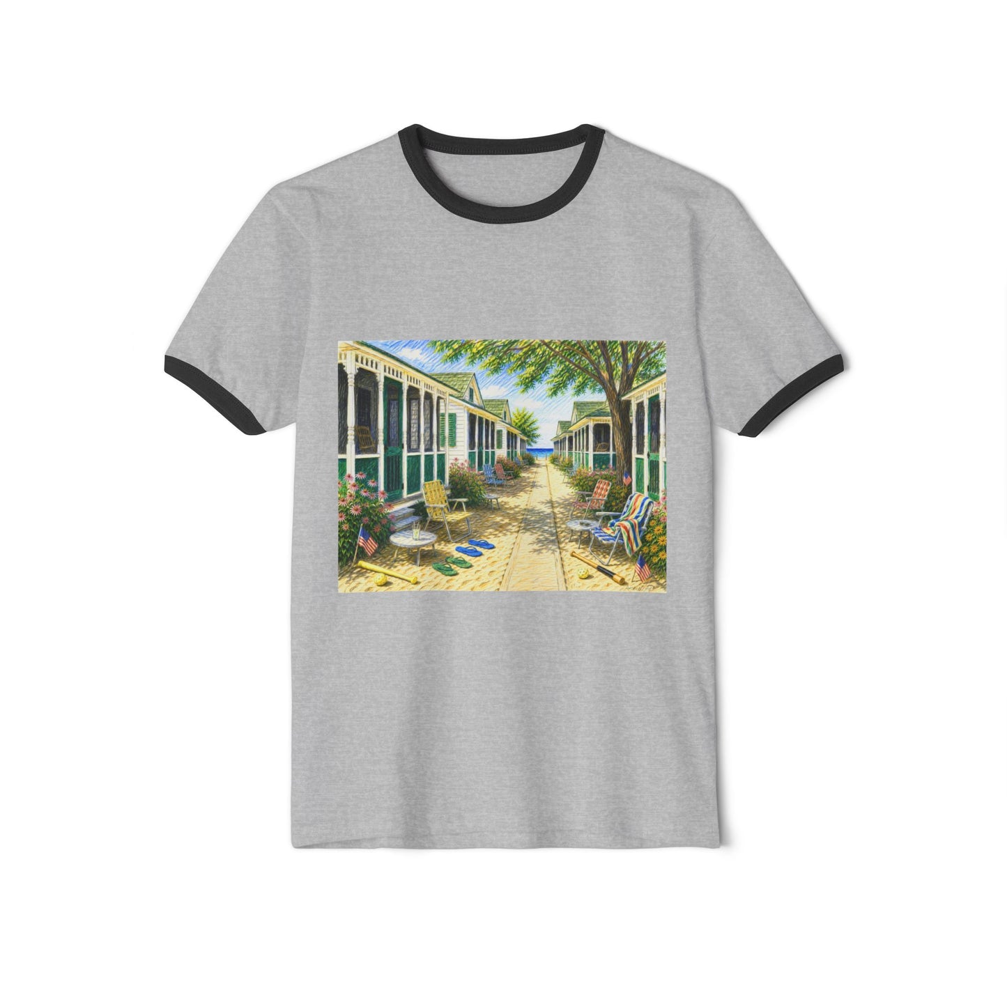 Old 1970’s Style Ringer T-Shirt — Vintage Beach Bungalow Front & Back Design-“Happy Birthday America” Wood Sign