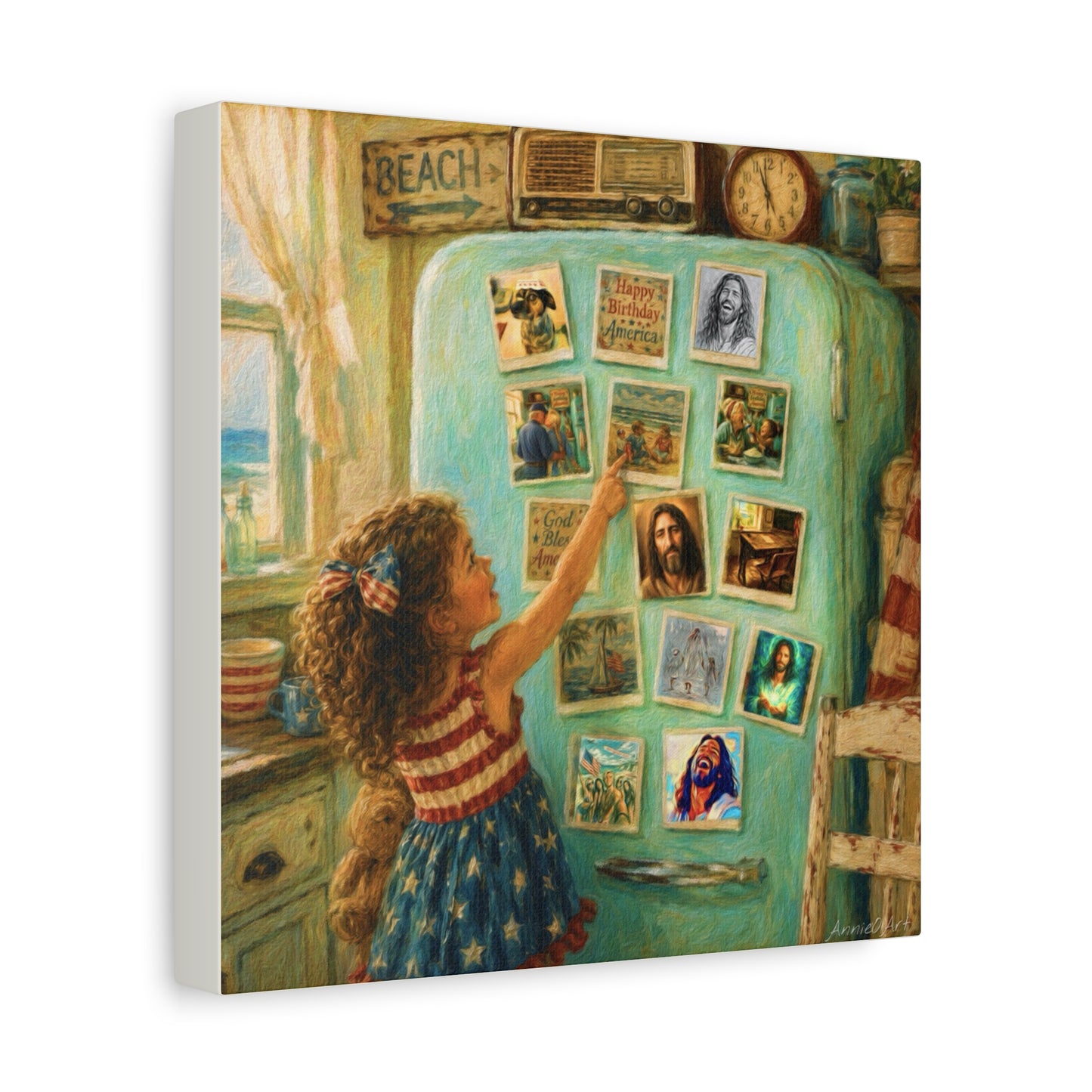 Americana Canvas Wall Art — Little Girl Pointing at Magnets on Vintage Fridge (Matte Stretched)