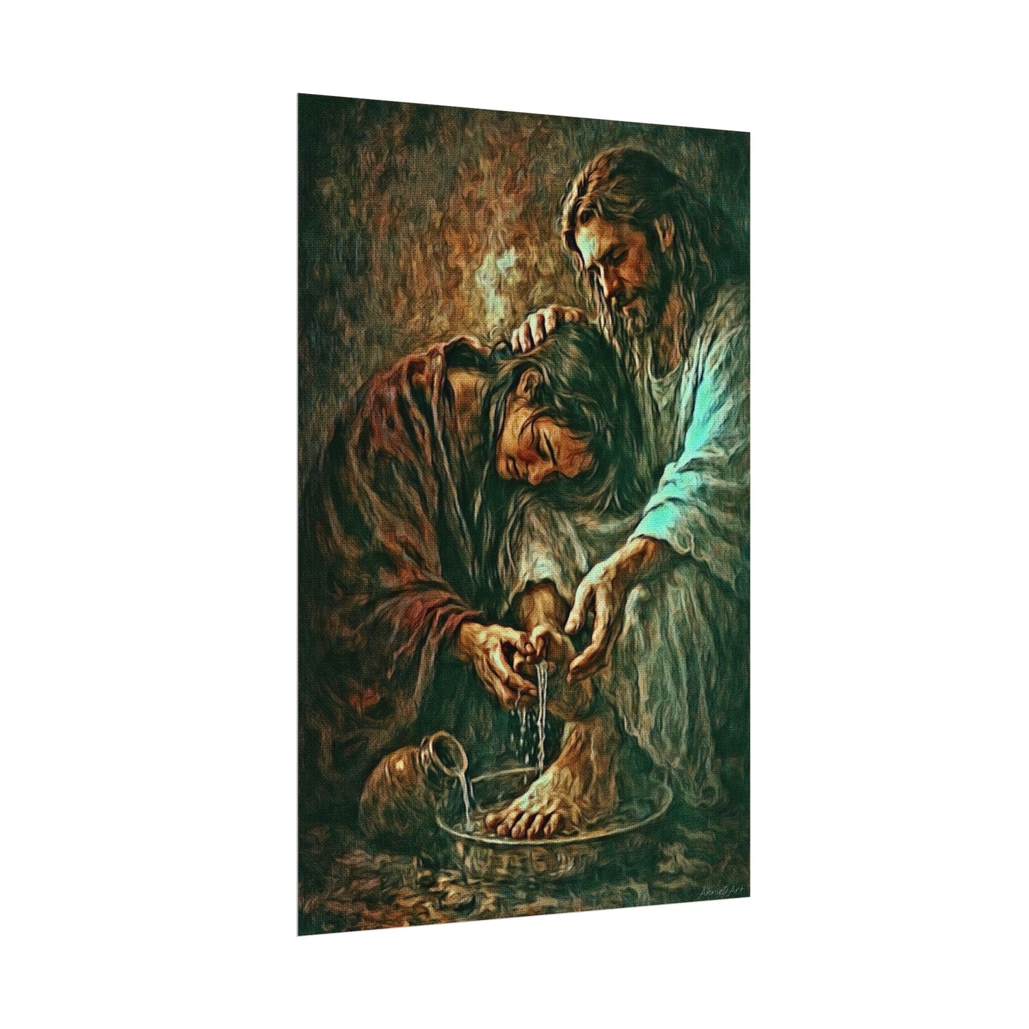 Jesus & Mary Washing Feet Matte Watercolor Poster — Religious Devotional Wall Art