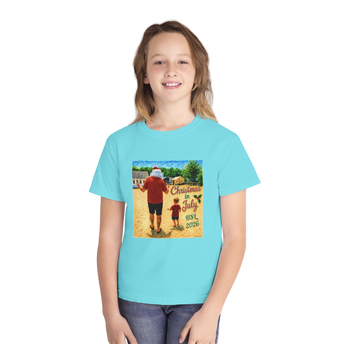 Dry-Blend Youth Tee — "Christmas in July" Beach Design 2026