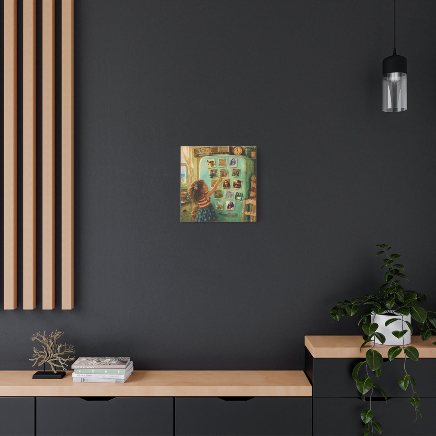 Americana Canvas Wall Art — Little Girl Pointing at Magnets on Vintage Fridge (Matte Stretched)