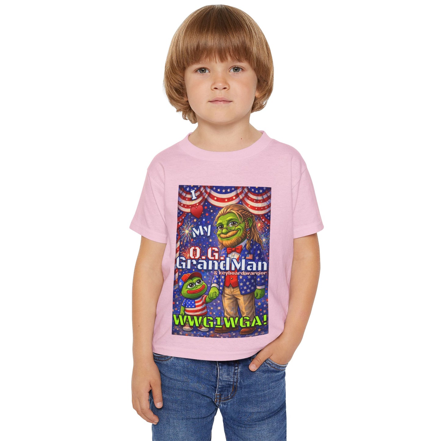 GrandMan/Grandpa Anons & Keyboard Warriors — "I ♥️ My O.G. GrandMan" Patriotic Frog Kids Tee (WWG1WGA)