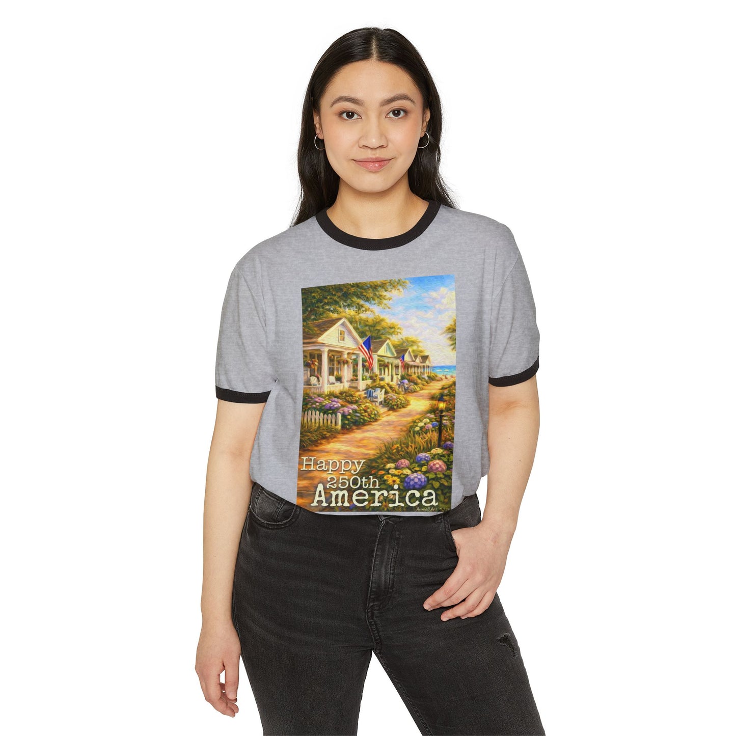 America 250th—4th of July Cottage Scene Ringer Tee