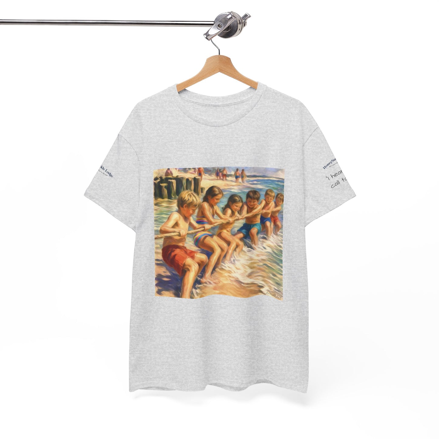 HoneySuckle Lodge Vintage Beach T-Shirt — "50+ years of fun in the sun" Retro Kids on Shore Design