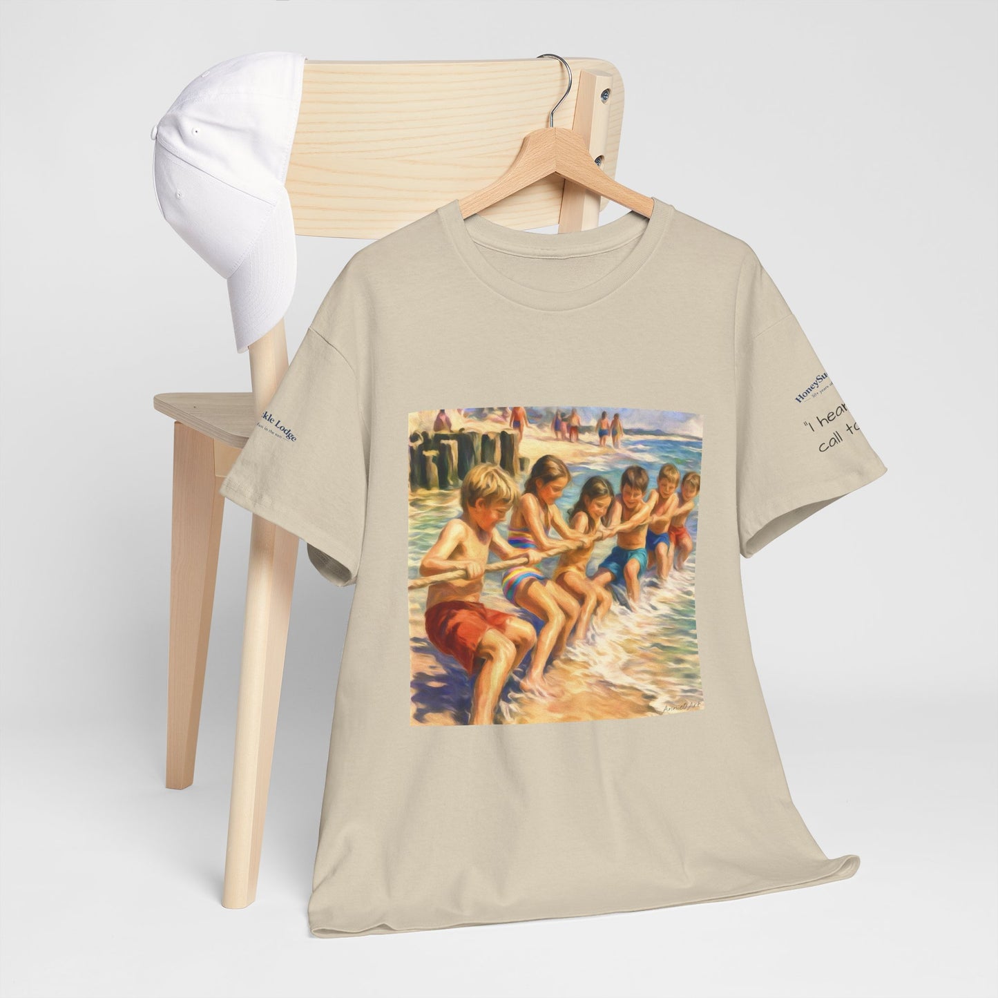 HoneySuckle Lodge Vintage Beach T-Shirt — "50+ years of fun in the sun" Retro Kids on Shore Design