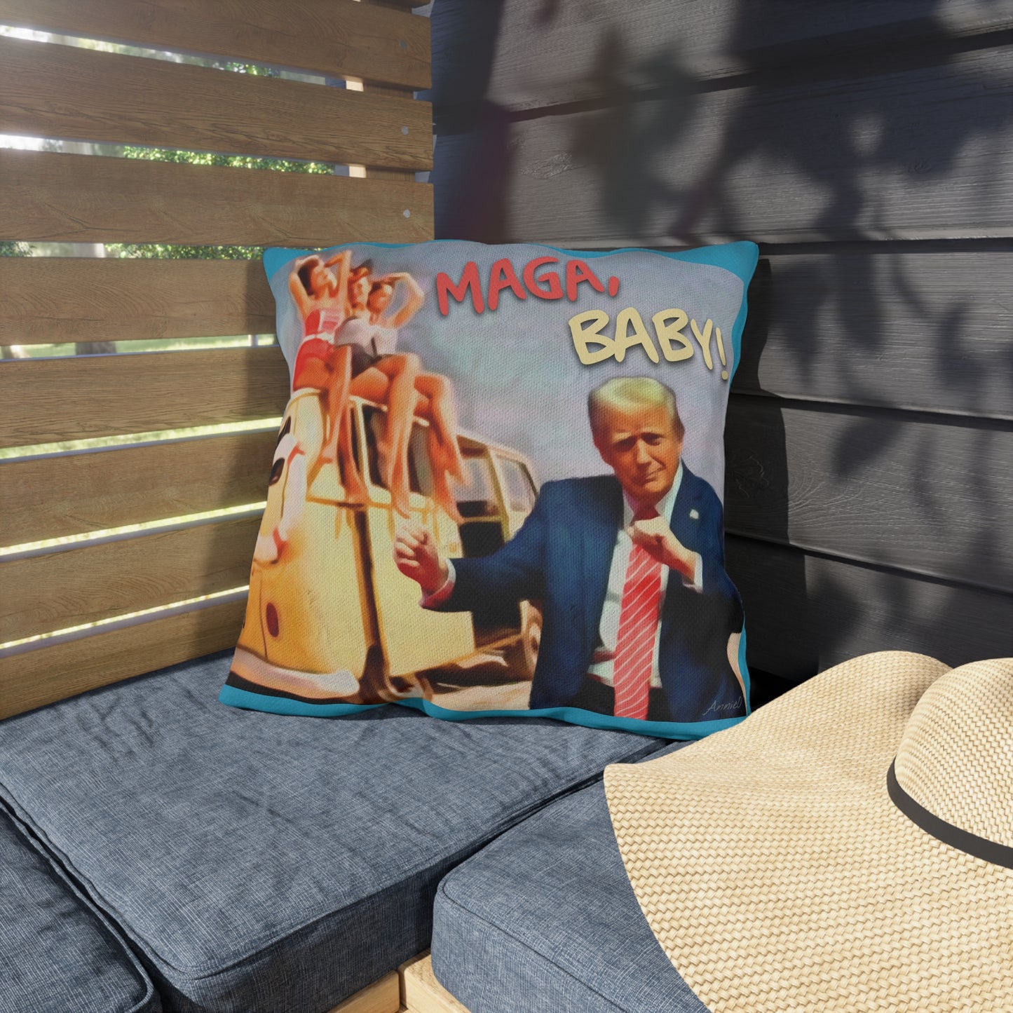 Political Graphic Outdoor Pillow — "MAGA, Baby!" Retro Beach Design