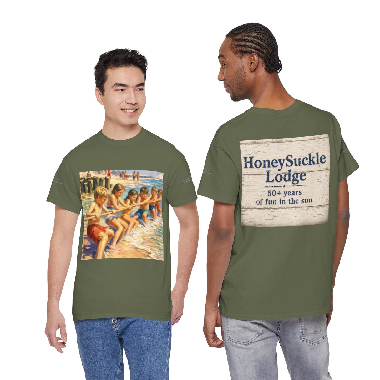 Honeysuckle Lodge Vintage Beach Print tee shirt front/back ("Honeysuckle Lodge - 50+ years of fun in the sun")