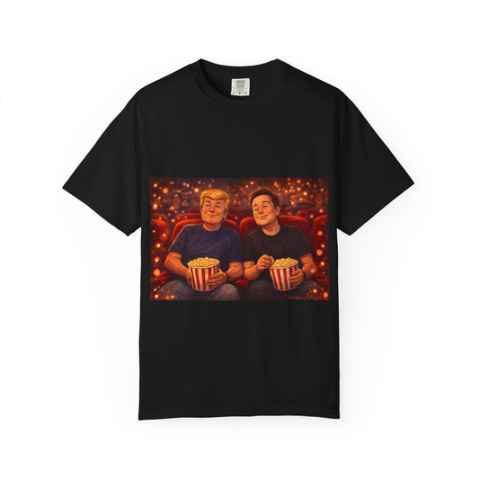 Trump & Elon—Movie Night Popcorn Tee — Cozy Cinematic Graphic T-Shirt