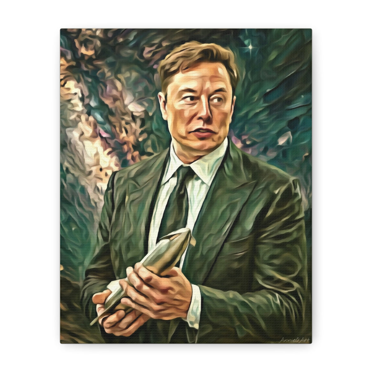 Elon Musk Holding Rocket, Oil-Paint Effect Canvas