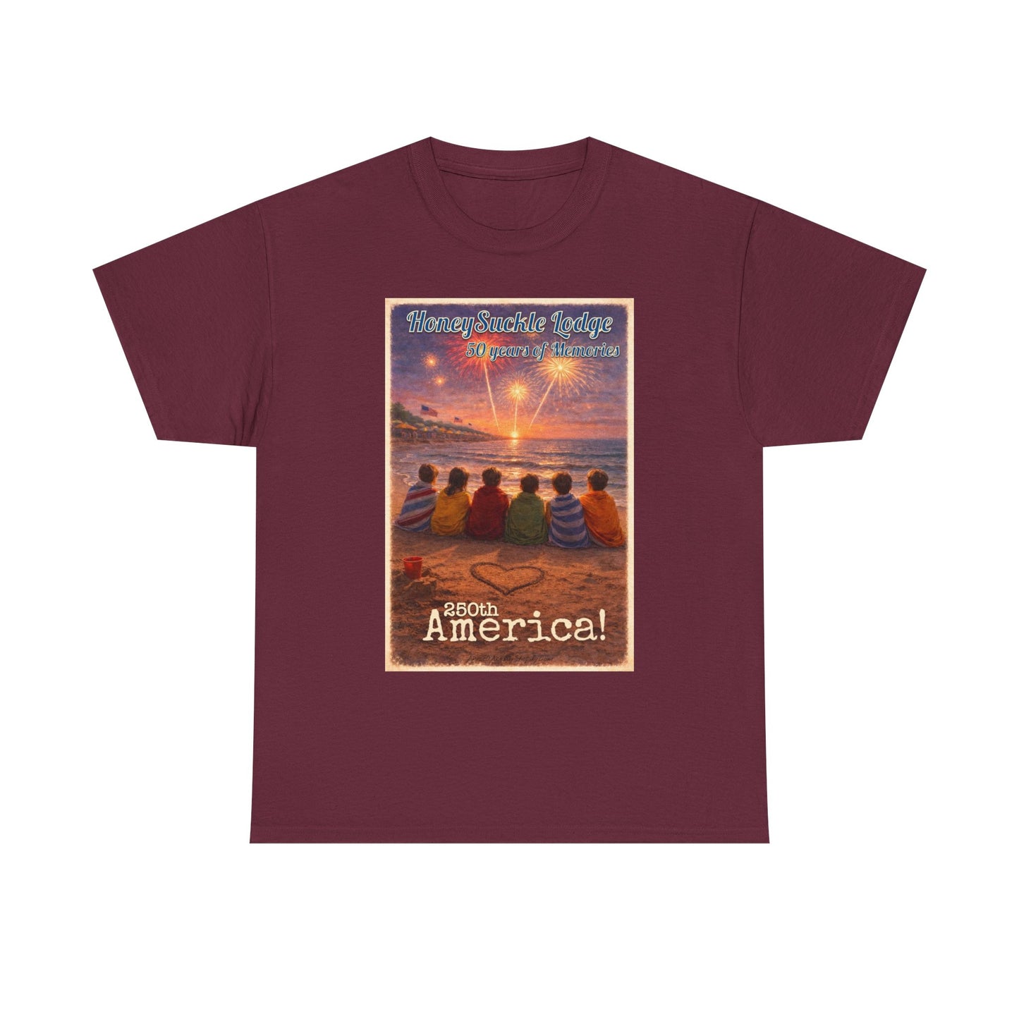 HoneySuckle Lodge 50th—Patriotic Sunset Beach T‑Shirt – 'God Bless America' Vintage Kids Watching Fireworks